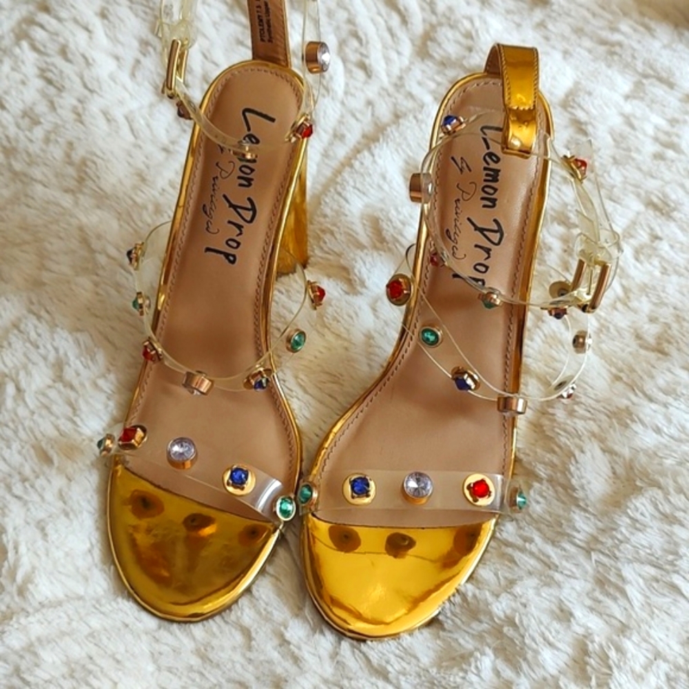 Dainty Minimal Gold Heels With Colorful Stones On Straps